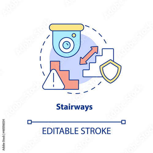 Stairways concept icon. Smart house security abstract idea thin line illustration. Place camera above staircase to basement. Home protection. Vector isolated outline color drawing. Editable stroke