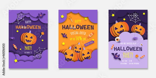 Set of Halloween party invitations, greeting cards or posters, pumpkins, bats, spider, candy, in the night clouds. Design template for advertising, internet, social networks. Paper cut style