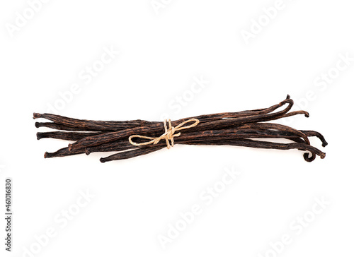 Dried vanilla pods isolated on white background with clipping path.top view,flat lay.