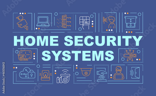 Home protection systems word concepts banner. Protection tools. Infographics with linear icons on blue background. Isolated creative typography. Vector outline color illustration with text