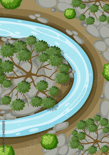 Aerial view with river through the forest landscape