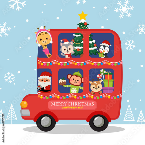 Cute Christmas double decker bus with Santa Claus and animals. Flat vector cartoon design