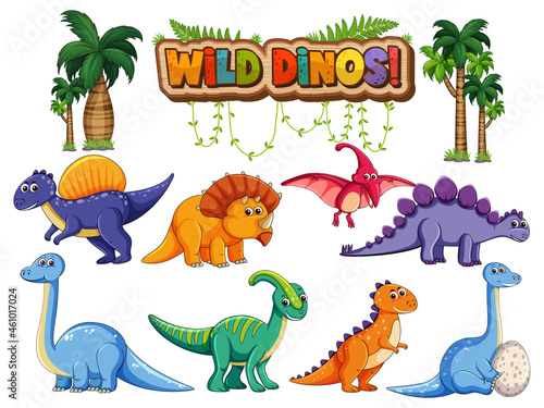 Set of isolated various dinosaurs cartoon character on white background