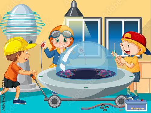 Scene with children repairing ufo together
