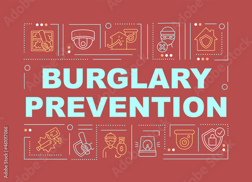 Break in prevention word concepts banner. Property protection. Infographics with linear icons on red background. Isolated creative typography. Vector outline color illustration with text