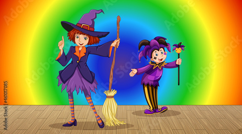 Witch cartoon character on rainbow gradient background