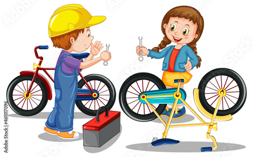 Children repairing bicycle together on white background