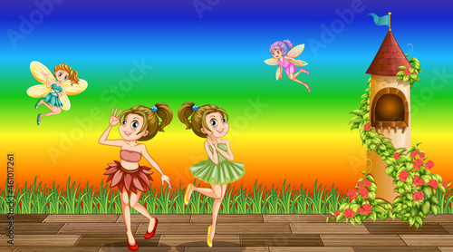 Fairies cartoon character on rainbow gradient background