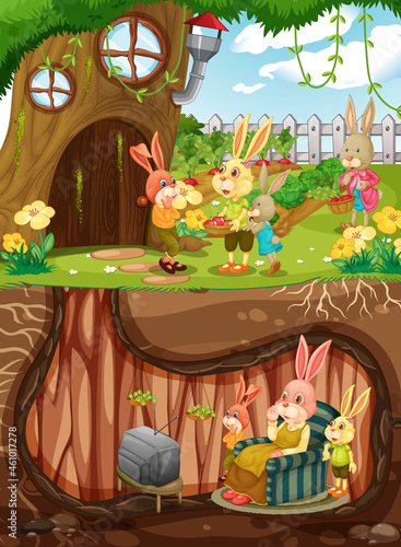 Rabbit family living in hollow underground with ground surface of the garden scene