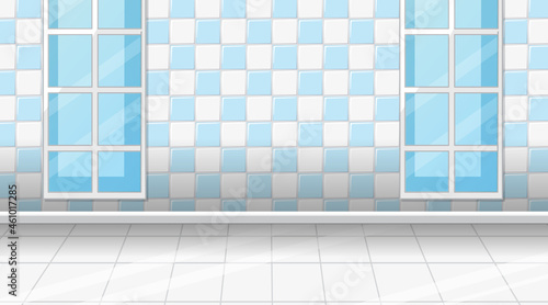 Empty room with white tiles floor and blue checkered wall