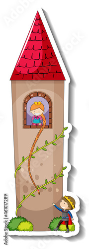 Sticker template with Rapunzel in the castle tower isolated