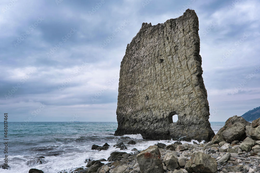 View of Sail Rock (Parus Rock) on cloudy day. Black Sea, Krasnodar Krai, Russia.