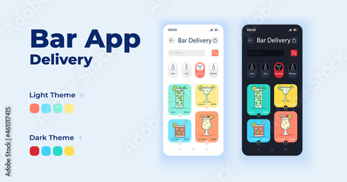 Bar app cartoon smartphone interface vector templates set. Shipping alcohol drinks. Mobile app screen page day and dark mode design. Pub menu UI for application. Phone display with flat character