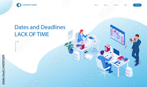 Isometric Project deadline. Time management on the road to success. Deadline Concept of overworked man Time to work Time management project plan schedule.