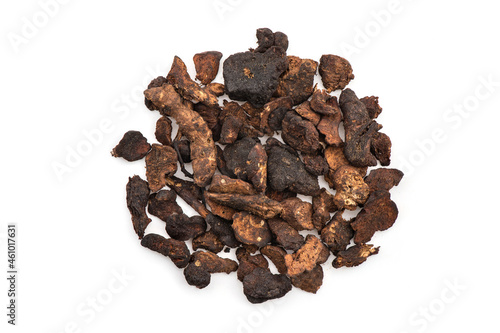 Szechuan lovage, selenium or ligusticum striatum,dried slice isolated on white background.top view,flat lay.