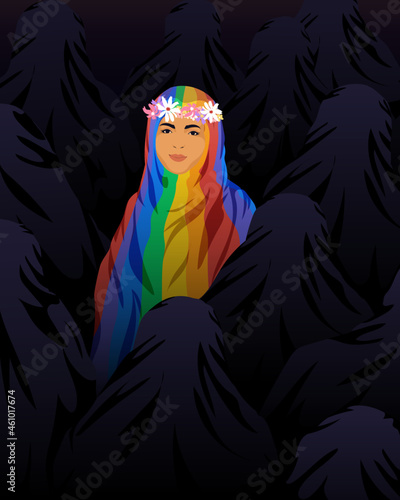 Muslim woman in crowd wearing rainbow pride burka