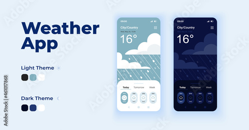 Forecast cartoon smartphone interface vector templates set. Overcast for climate. Mobile app screen page day and dark mode design. Weather UI for application. Phone display with flat character photo