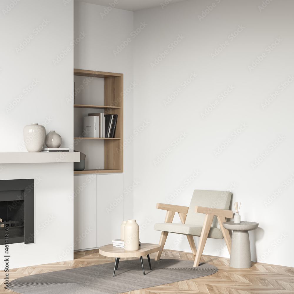Light living room interior with armchair and fireplace, mockup - obrazy, fototapety, plakaty 