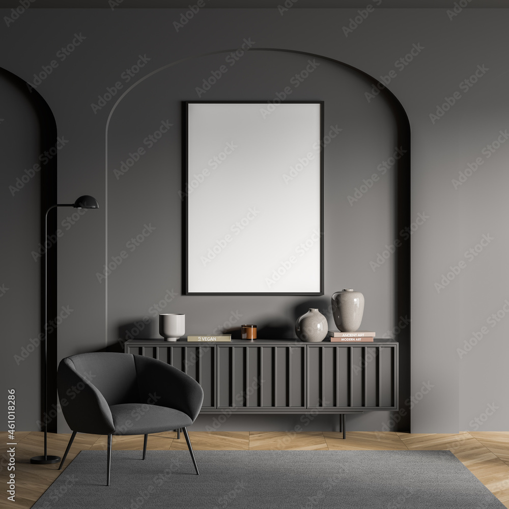 Dark living room interior with armchair and drawer with decoration, mockup poster - obrazy, fototapety, plakaty 