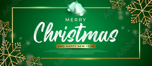 Modern merry christmas banner with square frame on green background