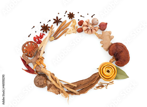 Set collection ginseng , clove, anise, licorice, lingzhi mushroom, jujube, goji berry and more isolated on white background with clipping path.top view flat lay.