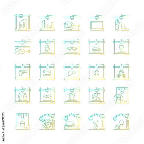 3d printing technology gradient linear vector icons set. Creating three dimensional objects. Rapid prototyping. Thin line contour symbols bundle. Isolated outline illustrations collection