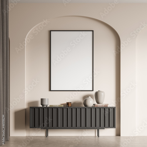 Quadro su tela Beige living room interior with drawer and books, poster mock up