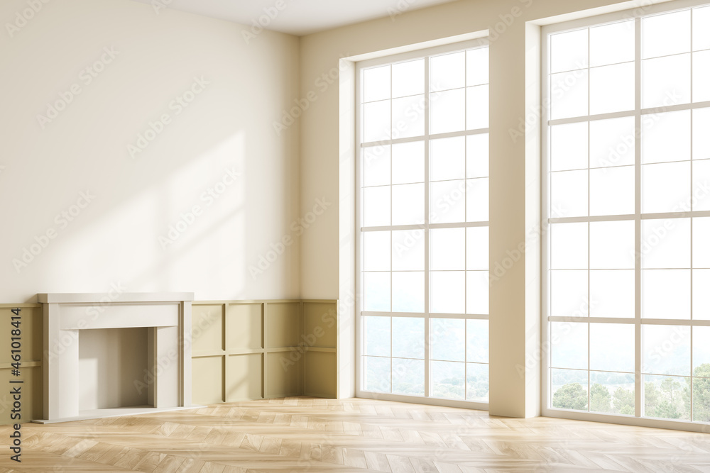 Light living room empty interior with fireplace and window, mockup copy space - obrazy, fototapety, plakaty 