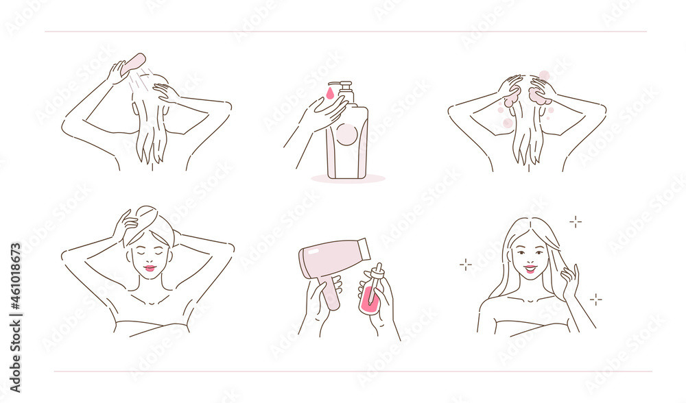 Beauty girl take care of her hair. Instruction how to wash hair with shampoo and wipe with towel and blow dry using hair serum. Flat line vector  illustration and icons set. - obrazy, fototapety, plakaty 