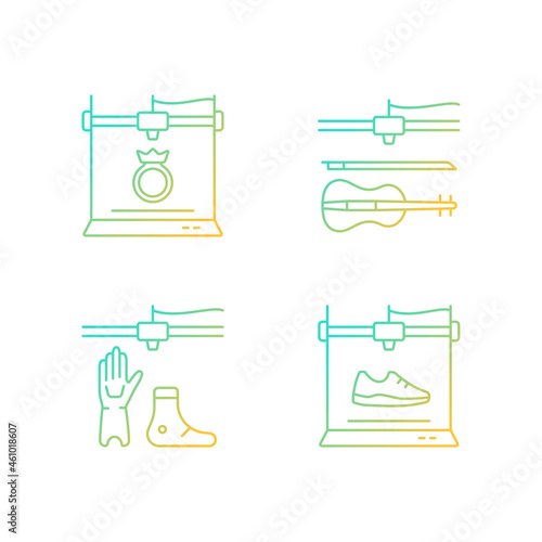 Building 3d objects process gradient linear vector icons set. Jewelry production. Artificial limbs fabrication. Thin line contour symbols bundle. Isolated outline illustrations collection