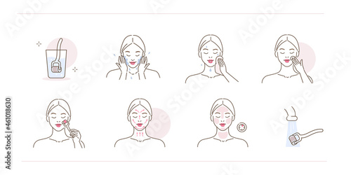 Beauty girl take care of her face and doing mesotherapy procedure at home. Instruction how to use derma roller with microneedles. Flat line vector illustration and icons set. photo