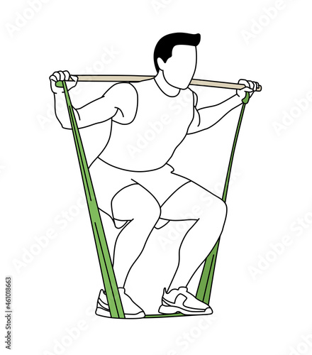 Man training squats, legs with an elastic. Fitness exercise, posture, gym, muscles. Black line sketch style vector illustration.