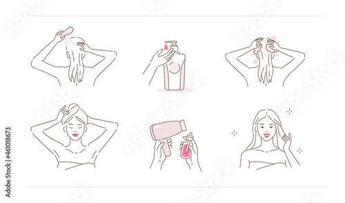 Beauty girl take care of her hair. Instruction how to wash hair with shampoo and wipe with towel and blow dry using hair serum. Flat line vector illustration and icons set.