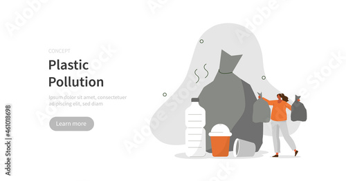 Character collecting plastic and other environmentally unfriendly trash. Woman throwing away the garbage. Plastic pollution problem concept. Flat cartoon vector illustration.
