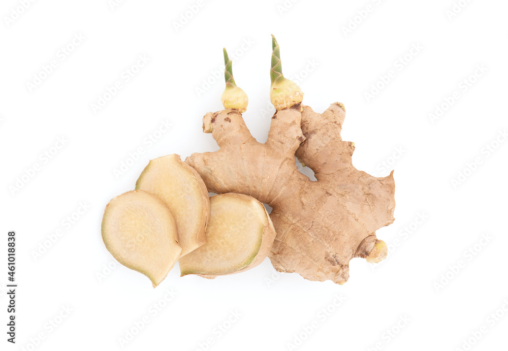 Fototapeta premium Ginger rhizome isolated on white background with clipping path.top view,flat lay.