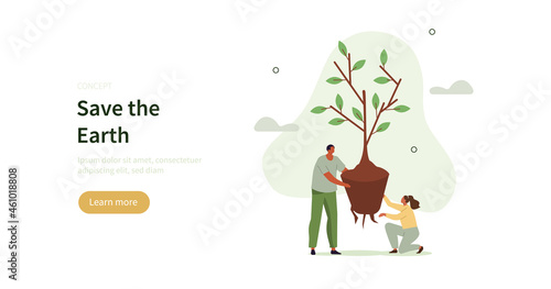 People characters planting tree seedling. Characters trying to save planet earth from climate change. Environmental care and volunteerism concept. Flat cartoon vector illustration. © Irina Strelnikova