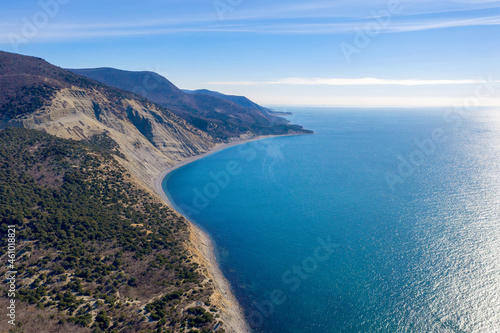 Aerial view of Black Sea coast in Bolshoy Utrish natural reserve on sunny winter day. Krasnodar Krai, Russia.