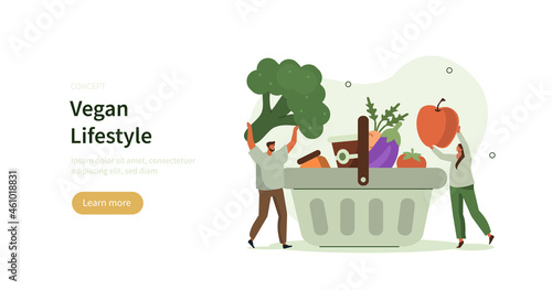 People buying fresh fruits and vegetables for healthy vegan diet. Characters putting healthy food in grocery basket. Vegan lifestyle concept. Flat cartoon vector illustration.