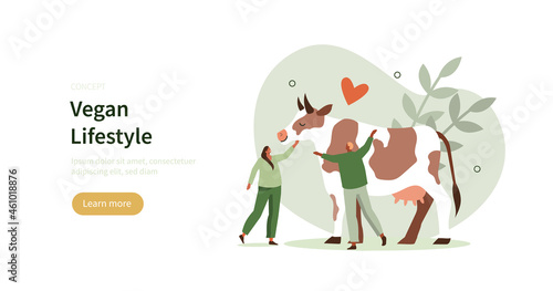 People showing their love to animals and hugging a cow. Friendship between humans and animals. Vegan lifestyle and nature respect concept. Flat cartoon vector illustration.
