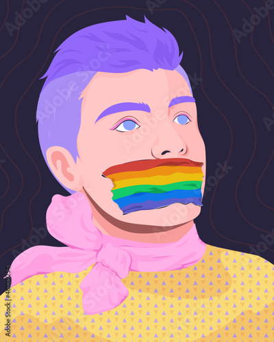 Portrait of person with LGBTQ+ rainbow tape covering mouth