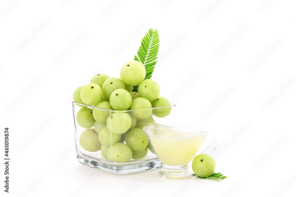 Indian Gooseberry fruits and juice isolated on white background. Indian Gooseberry fruits and juice isolated on white background.