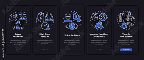 High blood pressure signs onboarding mobile app page screen. Heart arrhythmia walkthrough 5 steps graphic instructions with concepts. UI, UX, GUI vector template with linear night mode illustrations