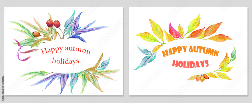 Happy autumn holidays, colored leaves, thank you card, happy holiday wishes, hand drawn card, colored frame Happy autumn holidays, colored leaves, thank you card, happy holiday wishes, hand drawn card, colored frame