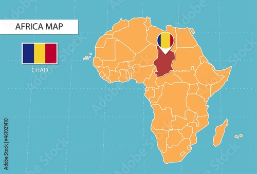 Chad map in Africa, icons showing Chad location and flags.