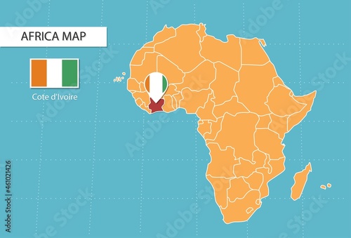 Cote d'Ivoire map in Africa, icons showing Cote d'Ivoire location and flags.