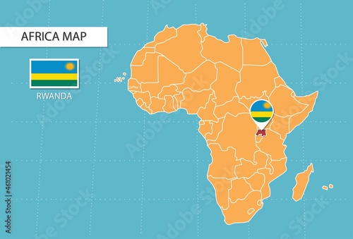 Rwanda map in Africa, icons showing Rwanda location and flags.