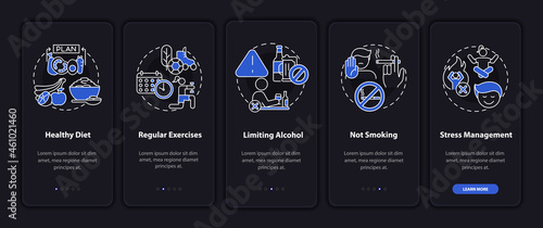 Hypertension treatment onboarding mobile app page screen. Stress management walkthrough 5 steps graphic instructions with concepts. UI  UX  GUI vector template with linear night mode illustrations