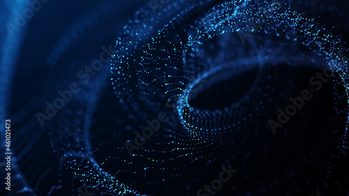 Abstract particle vortex. Futuristic dynamic wave moving in space. Illustration with explosion of data. 3d rendering.