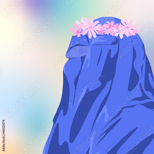 Side view of woman wearing blue Burka with pink flowers