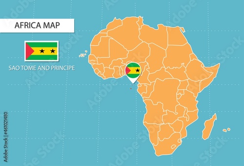 Sao Tome and Principe map in Africa, icons showing Sao Tome and Principe location and flags.
